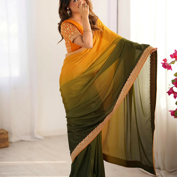 Exclusive Collection Yellow Green Party Wear Chinon Salk Saree