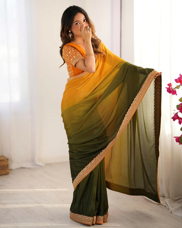 Exclusive Collection Yellow Green Party Wear Chinon Salk Saree - Dista
