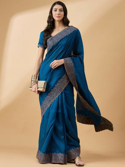 Blue Silk Blend Embroidered Saree with Unstitched Blouse - Vairagi - Distacart