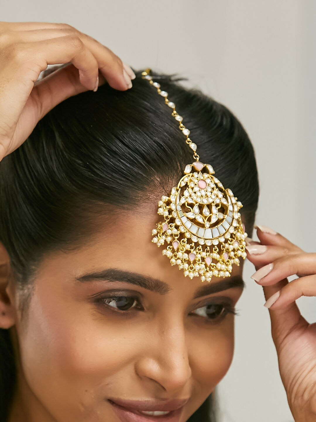 Nuyug 22K Gold-Plated Pearls & Pink Kundan Studded Statement Maang Tikka Head Jewellery