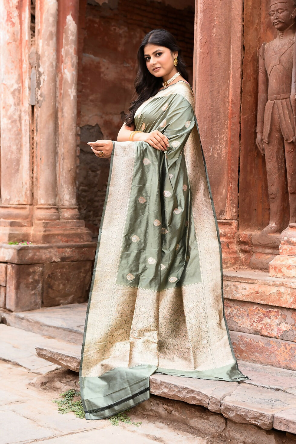 Joban Fashion Dusty Olive Banarasi Katan Pure Handloom Silk Saree