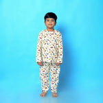 Thumbnail for Breathables Kids Cotton Dinosaur Print Night Suit – Cream Full Sleeves Kurta & Pants Co-Ord Set | Boys & Girls Nightwear & Loungewear - Dista