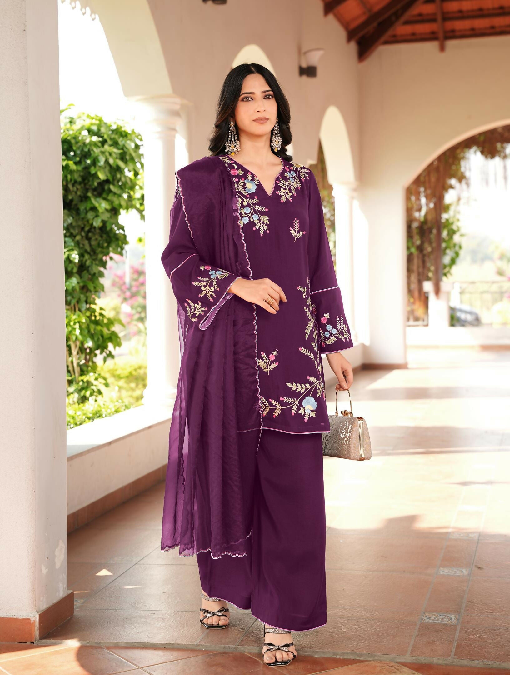 Nikhaar Magenta Embroidered Art Silk Stitched Straight Cut Kurta Culottes Dupatta Readymade Suit - Dista