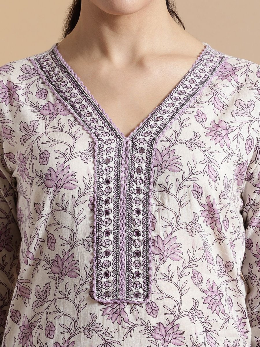 Anouk Floral Printed Pure Cotton Kurta With Trousers & Dupatta - Distacart