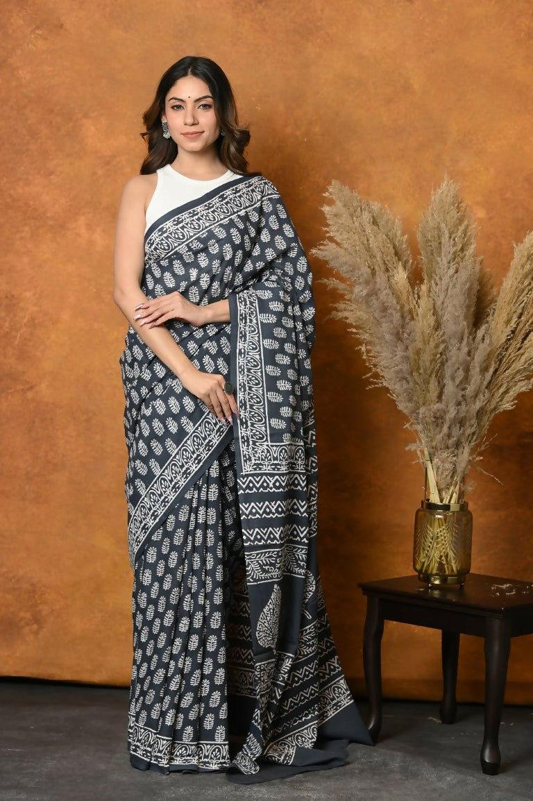 Very Much Indian Handblock Printed Cotton Saree With Natural Dyes - Black White - Distacart