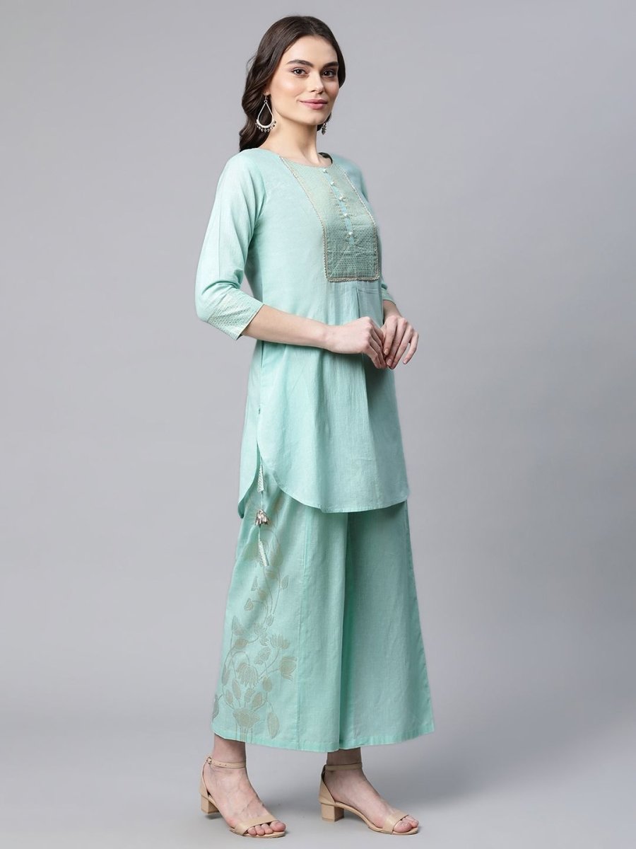 Ahalyaa Women Teal Pure Cotton Gold Foil Printed Pakistani Style Kurta Palazzo Set - Distacart