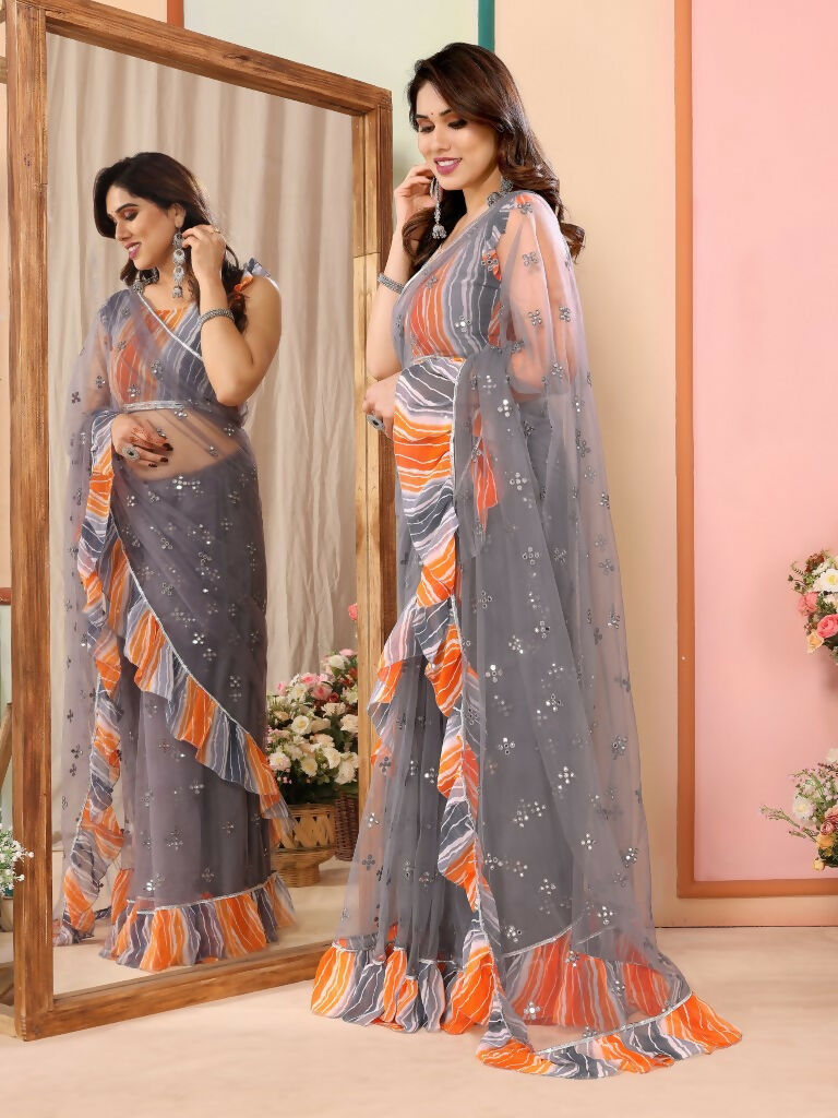Partywear Designer Grey Net Fancy Saree - Dyuti - Distacart