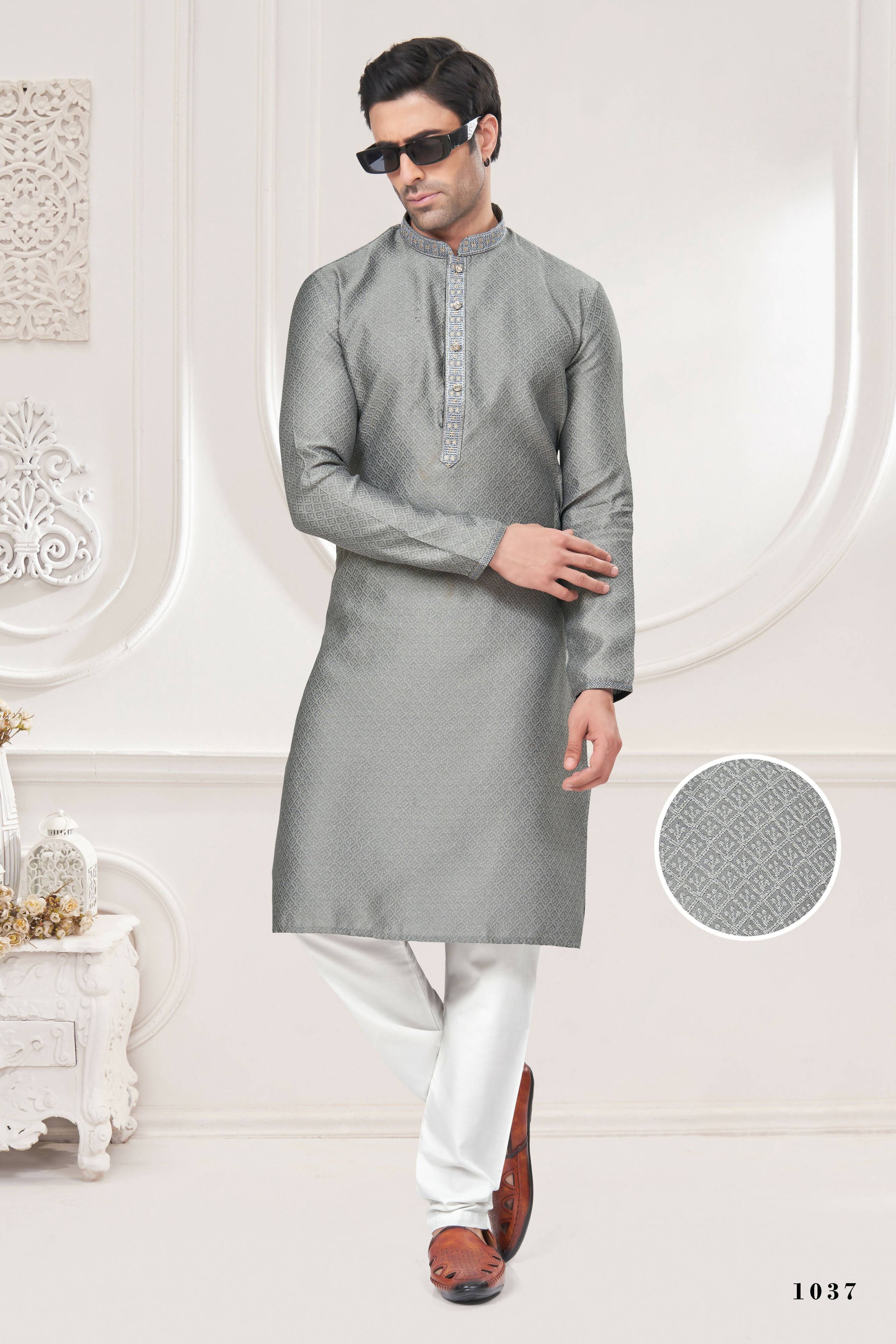 Functional Designer Men's Grey Jacquard Kurta With Pant - Rudra - Distacart
