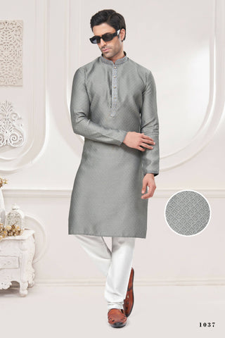 Functional Designer Men's Grey Jacquard Kurta With Pant - Rudra - Distacart