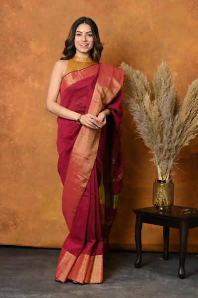 Very Much Indian Handloom Pure Cotton Linen Saree With Golden Border - Maroon - Distacart