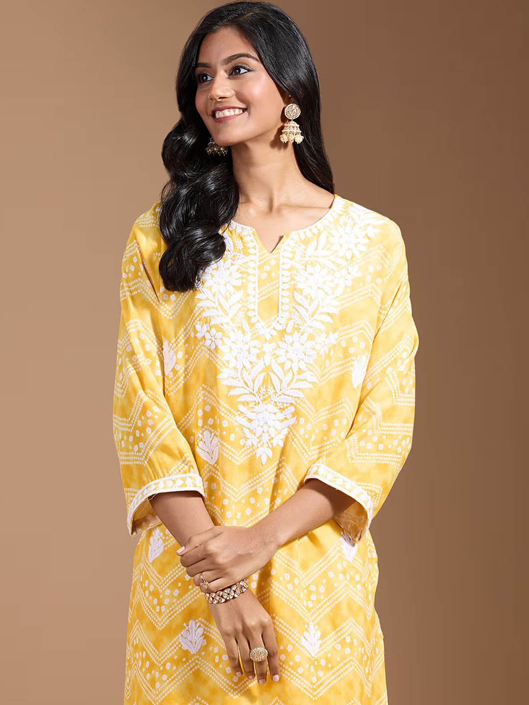 Ode by House of Pataudi Women Geometric Embroidered Flared Sleeves Chikankari Kurta - Distacart