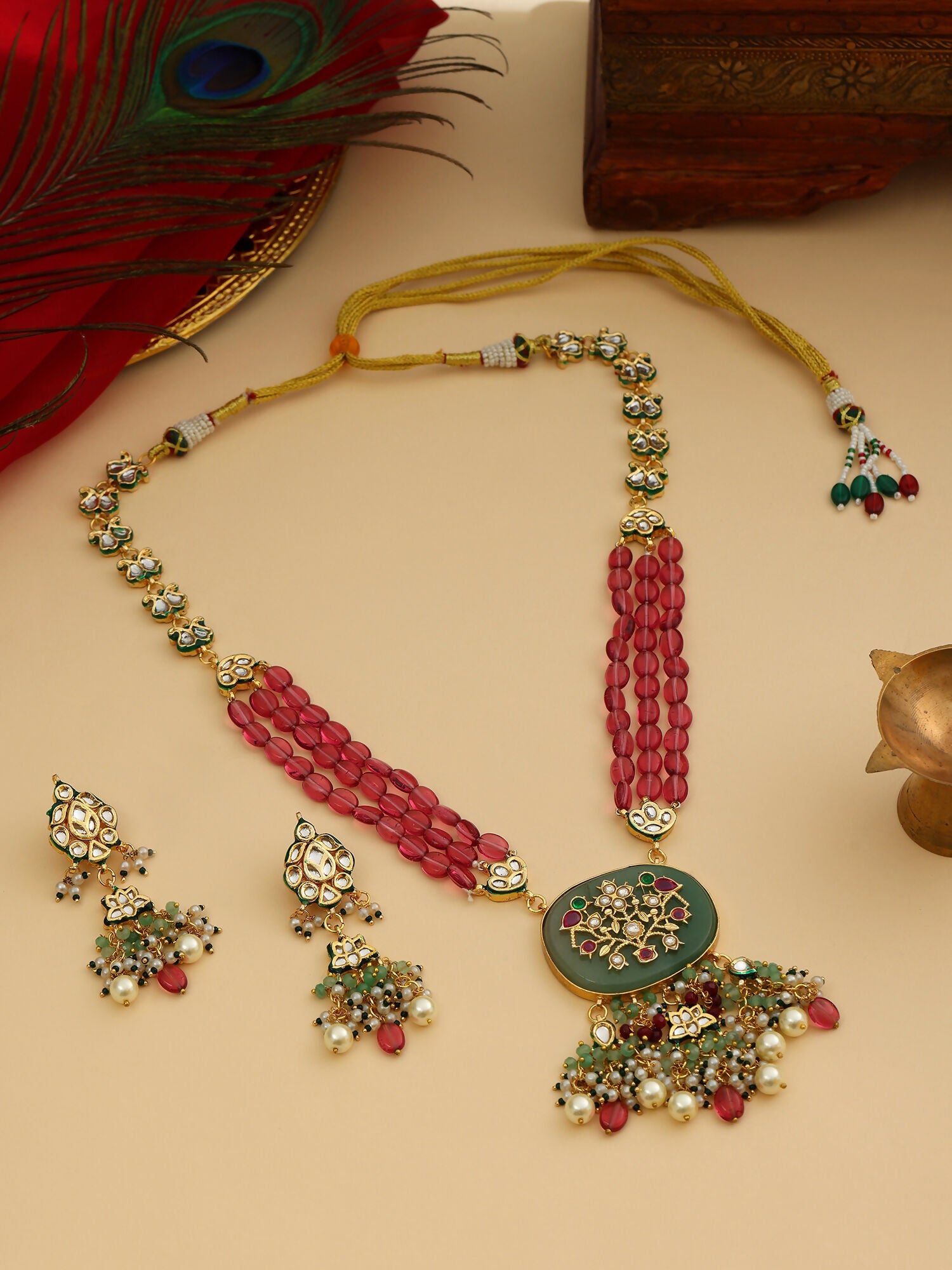 Ruby Raang 22k Gold Polished Long Multi Kundan Necklace With Earrings