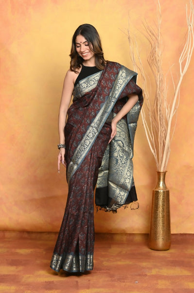 Very Much Indian Modal Silk Ajrakh Handblock Printed Natural Dyes With Designer Border Saree - Dark Maroon - Distacart