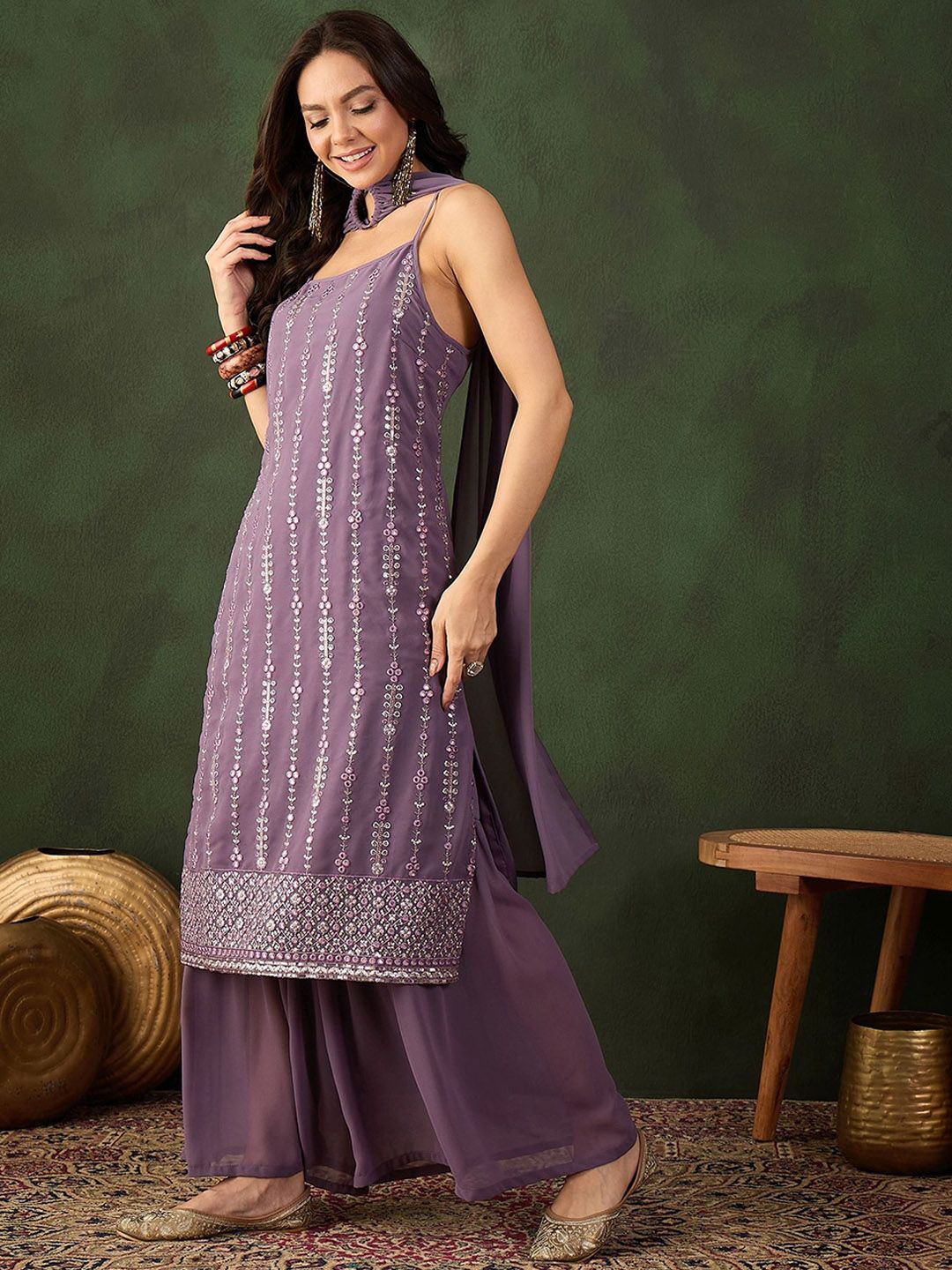 Sangria Embroidered Kurta, Palazzo With Dupatta - Distacart