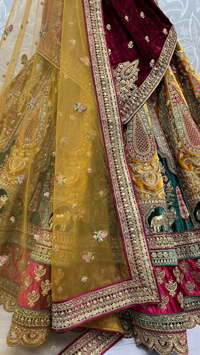 Jyoti Fashion Women's Mustard Velvet Multi Thread Embroidered, Patch Work with Zircon Diamond Wedding Lehenga Choli - Distacart