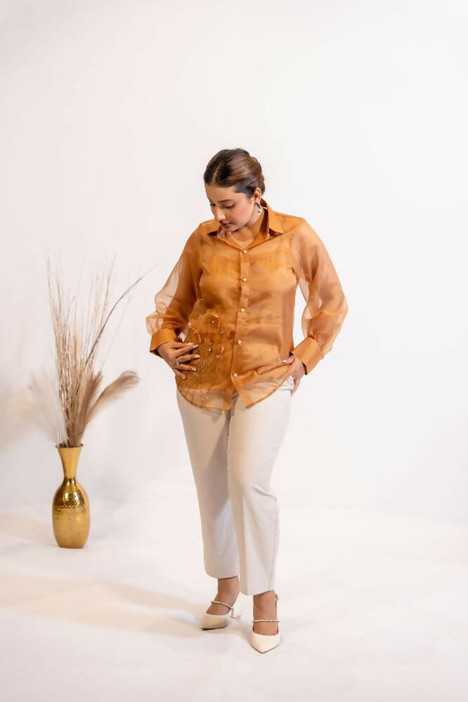 Timaraa Rust Brown Organza Shirt With Pearl & Katdana Embellishment - Dista