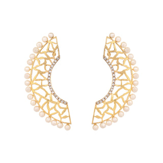 Nuyug 22K Gold-Plated Zircon Studded & Pearl Beaded Contemporary Shaped Statement Stud Earrings