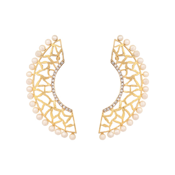 Nuyug 22K Gold-Plated Zircon Studded & Pearl Beaded Contemporary Shaped Statement Stud Earrings