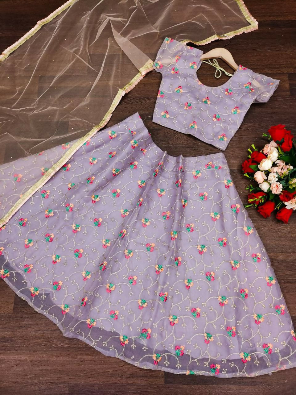 Jyoti Fashion Beautiful Purple Organza Silk Embroidered Kids Lehenga Choli Set - Distacart