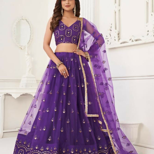 Aastha Fashion Purple Butterfly Net Tone To Tone Thread Work And Sandwich Sequence Work Embroidery Wedding Wear Lehenga Choli - Distacart