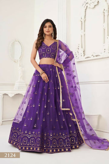 Aastha Fashion Purple Butterfly Net Tone To Tone Thread Work And Sandwich Sequence Work Embroidery Wedding Wear Lehenga Choli - Distacart