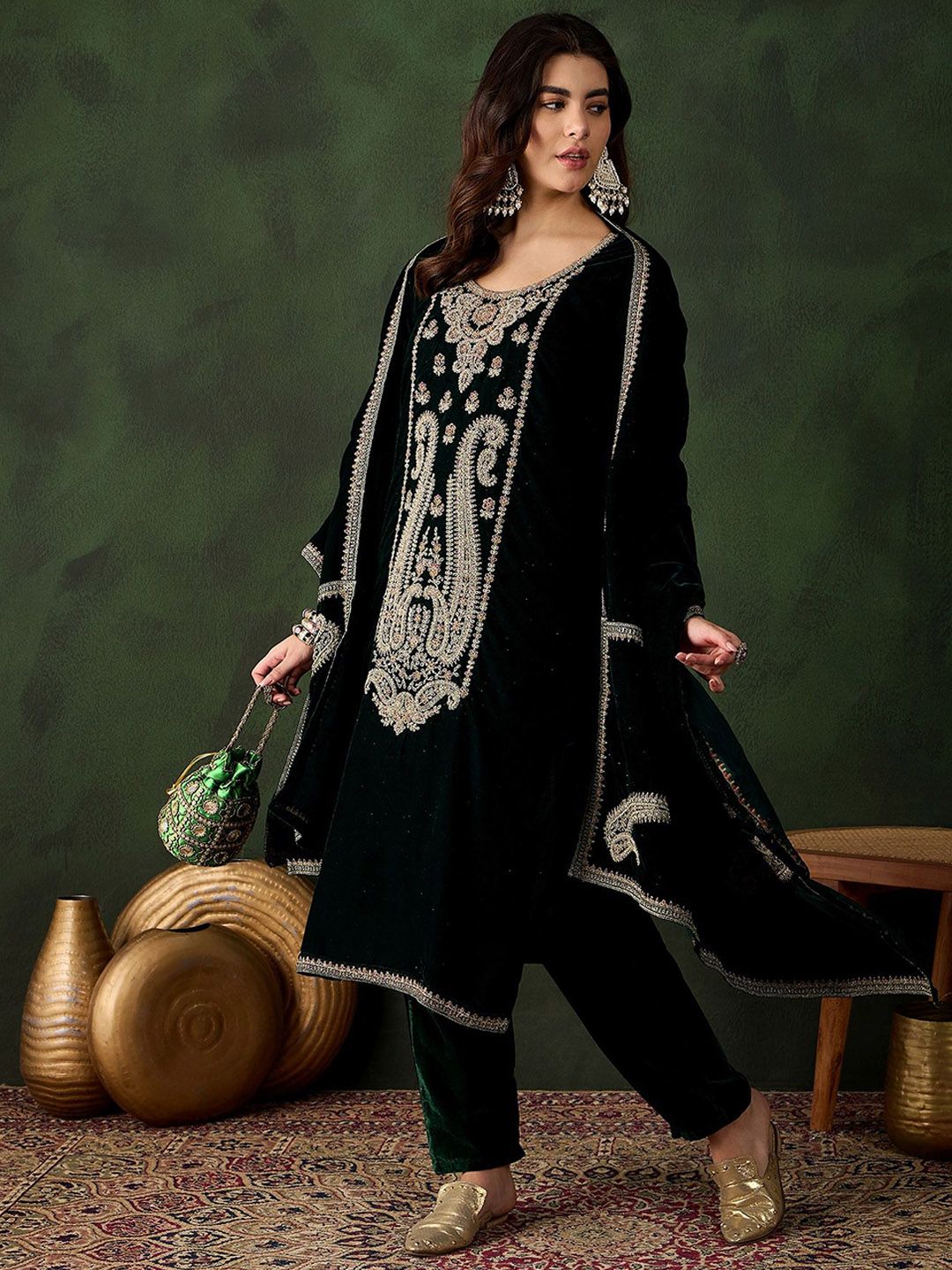 Sangria Floral Embroidered Straight Kurta & Trousers With Dupatta - Distacart