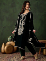 Thumbnail for Sangria Floral Embroidered Straight Kurta & Trousers With Dupatta - Distacart