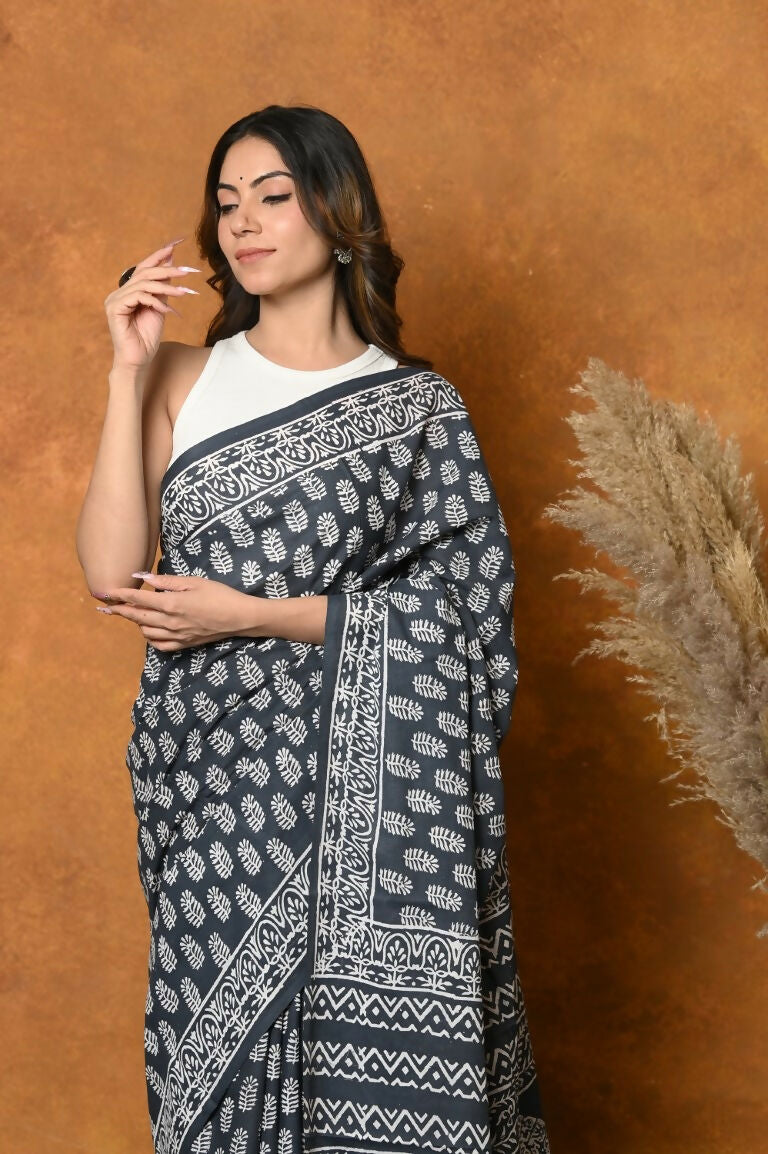 Very Much Indian Handblock Printed Cotton Saree With Natural Dyes - Black White - Distacart