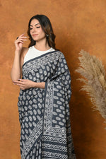 Thumbnail for Very Much Indian Handblock Printed Cotton Saree With Natural Dyes - Black White - Distacart
