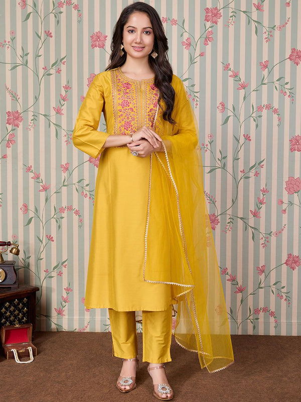 Ode by House of Pataudi Floral Embroidered A Line Kurta with Trousers & With Dupatta - Distacart