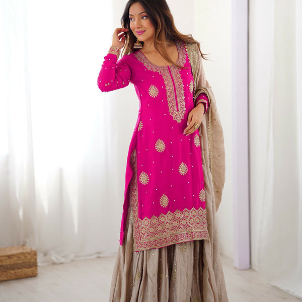 Lehenga Mart Designer Sharara Suit With Kurta, Sharara, Dupatta For Women-Pink - Distacart