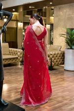 Thumbnail for Vastranavya Red Embroidery Work Shimmer Chiffon Saree with Unstitched Blouse