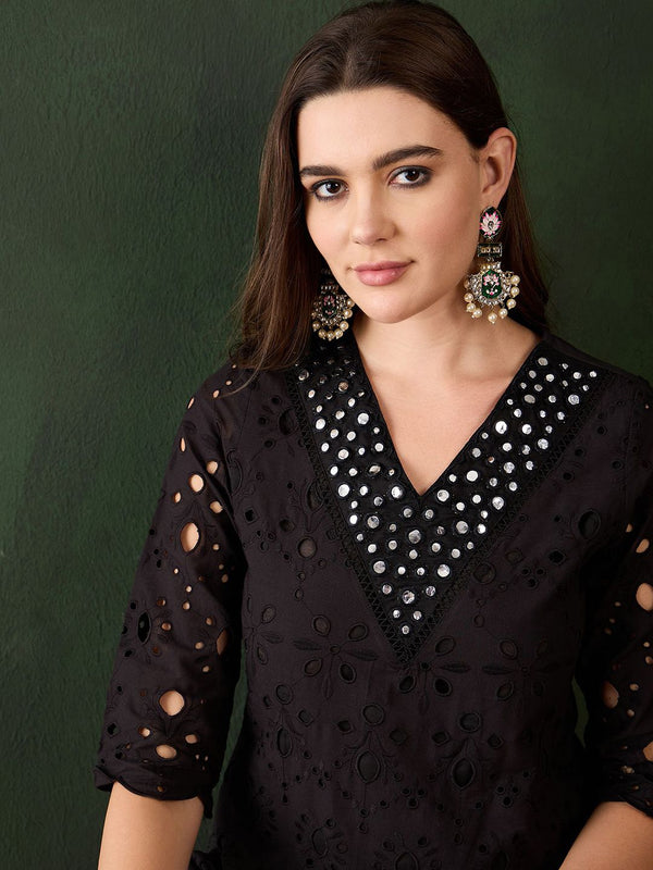 Sangria Embroidered Regular Mirror Work Pure Cotton Kurti With Trousers