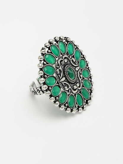 NVR Women's Green Silver-Plated Circular Shape Adjustable Finger Ring - Distacart