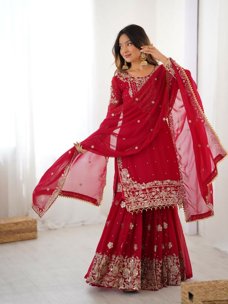 Lehenga Mart Designer Sharara Suit With Kurta, Sharara, Dupatta For Women-Red - Distacart