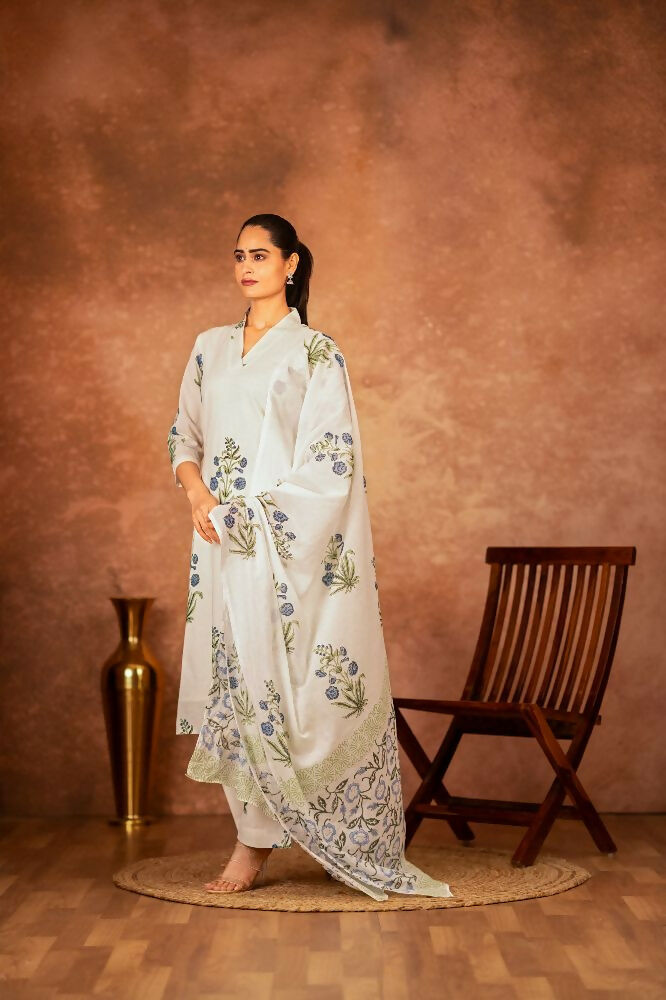Joban Fashion Off White Blue Hand Block Printed Cotton Suit Set - Distacart