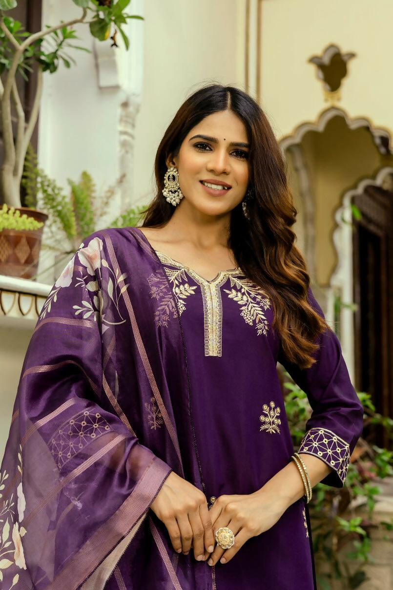 The52 Wine Women's Beautiful Viscose Chanderi Fabric Thread Work Straight Kurta Pant and Dupatta Set - Distacart