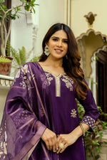 Thumbnail for The52 Wine Women's Beautiful Viscose Chanderi Fabric Thread Work Straight Kurta Pant and Dupatta Set - Distacart