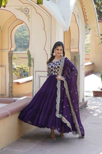 Thumbnail for Aastha Fashion Women's Purple Faux Georgette Jacquard with Sequins Embroidered Anarkali Dress with Dupatta - Distacart