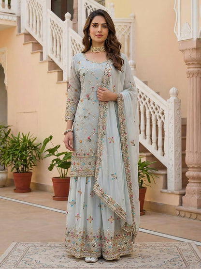 Teeya Creation Grey Faux Georgette Multi Thread Work Wedding Wear Sharara Set - Distacart