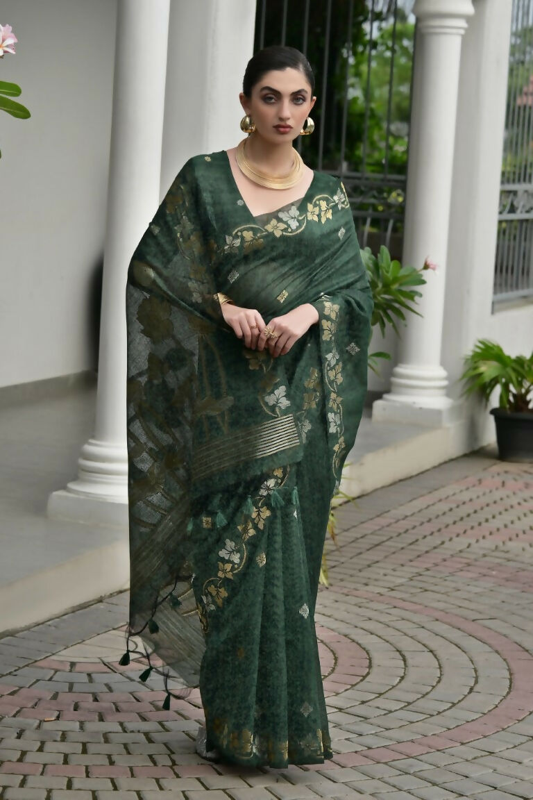 Vishnu Weaves Women's Green Linen Silk Zari Weaving Saree with Blouse