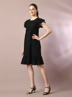 Thumbnail for Myshka Women's Black Embroidered Cotton Round Neck A-Line Party Dress - Distacart
