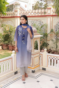 Thumbnail for Vaasva Women Blue Tabby Slik Print & Embroidered Kurta, Pant & Dupatta Set - Distacart