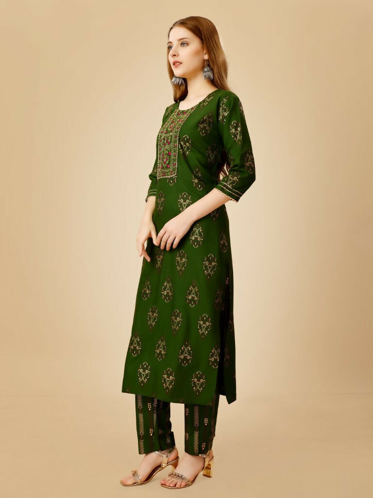 Jyoti Fashion Women's Green Viscose Rayon Embroidered Kurta Pant Set - Distacart
