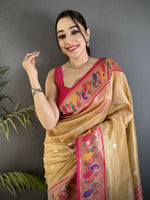 Thumbnail for Joban Fashion Beige Zari Weaving Tissue Paithani Saree - Distacart