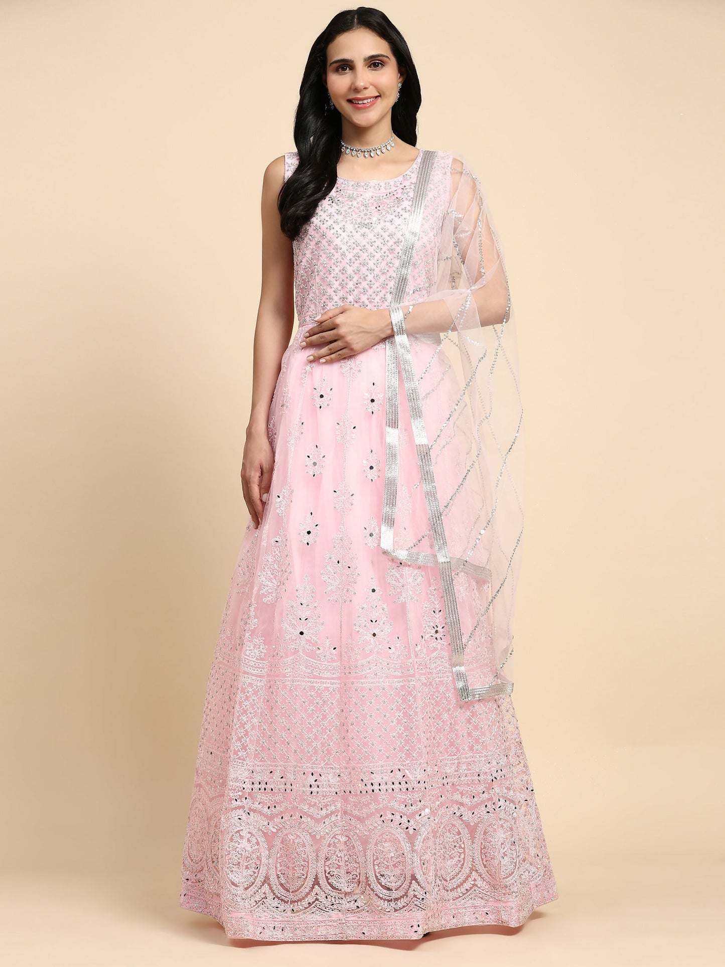 Pink Net Hand Embroidered Gown - Rudrani - Distacart