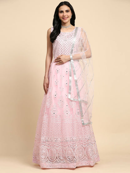 Pink Net Hand Embroidered Gown - Rudrani - Distacart
