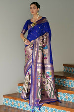 Thumbnail for Vishnu Weaves Women's Royal Paithani Silk Zari Woven Saree with Blouse