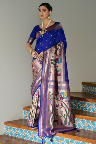 Vishnu Weaves Women's Royal Paithani Silk Zari Woven Saree with Blouse