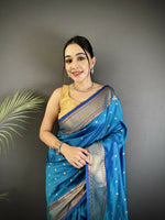 Thumbnail for Joban Fashion Blue Butti Woven Soft Lichi Silk Paithani Saree - Distacart